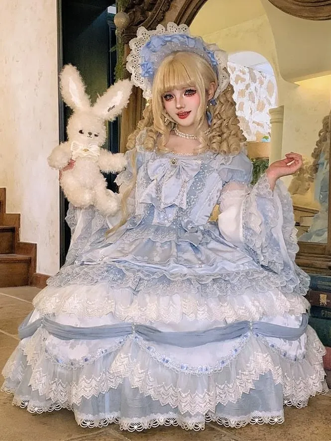 White & Light Blue Bow Accents Layered Lace Trim Bell Sleeves