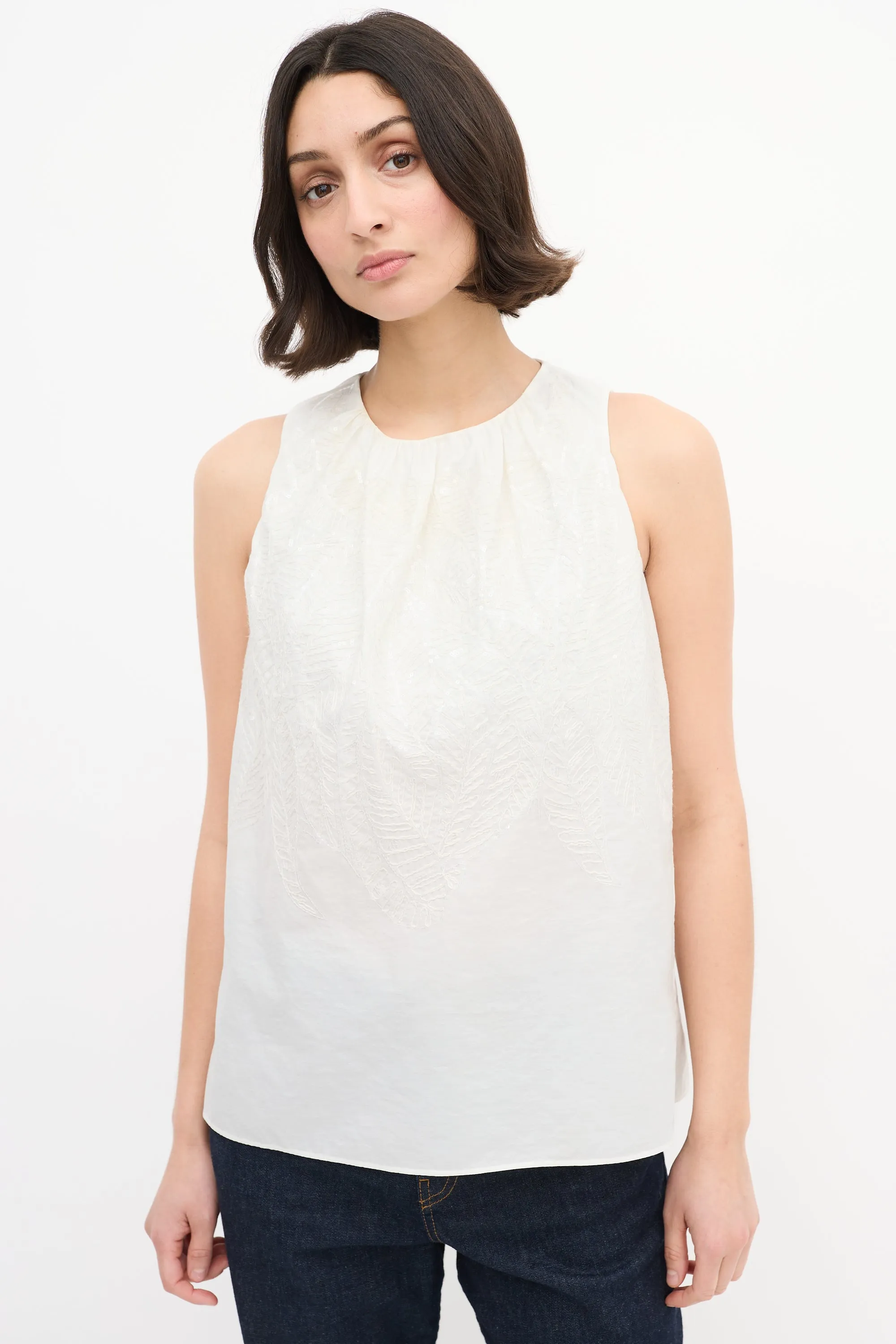 White Cotton Embroidered Sequin Top