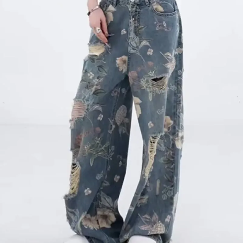 Women's Loose Ripped Wide-Leg Denim Jeans