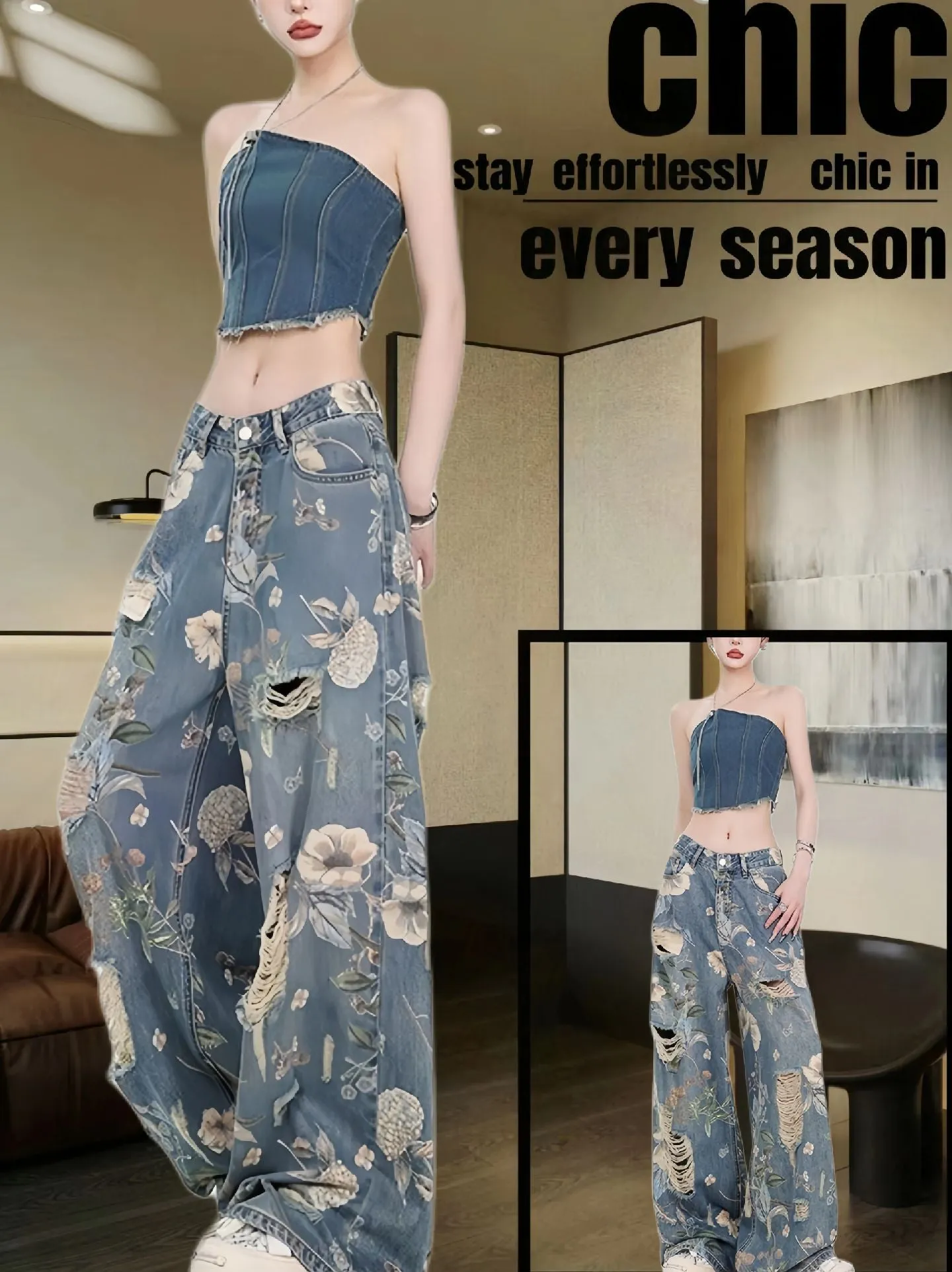 Women's Loose Ripped Wide-Leg Denim Jeans