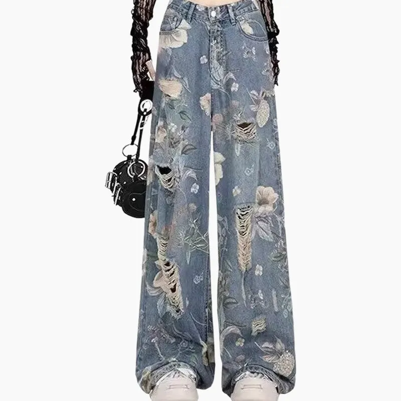 Women's Loose Ripped Wide-Leg Denim Jeans