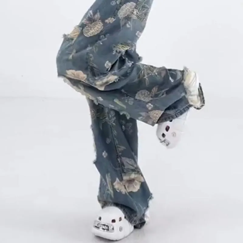 Women's Loose Ripped Wide-Leg Denim Jeans