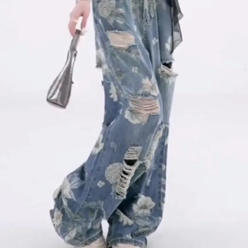 Women's Loose Ripped Wide-Leg Denim Jeans
