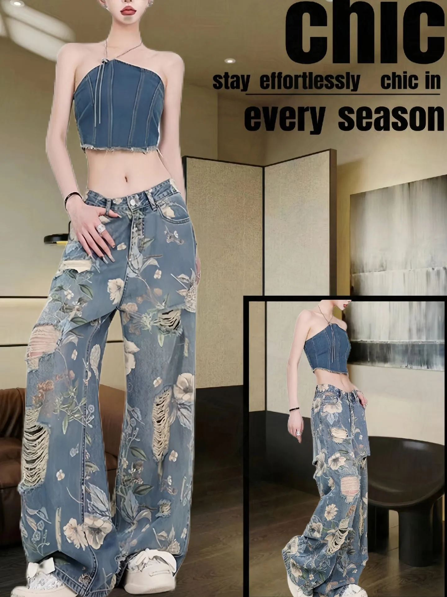 Women's Loose Ripped Wide-Leg Denim Jeans